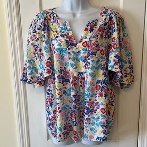 Charter Club Linen Floral Popover Top Women’s‎ Large Multicolor Flowy Sleeves